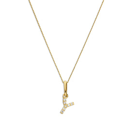9ct Gold & Clear CZ Crystal Hanging Script Alphabet Letter Y Pendant on 16 - 20 Inches Chain