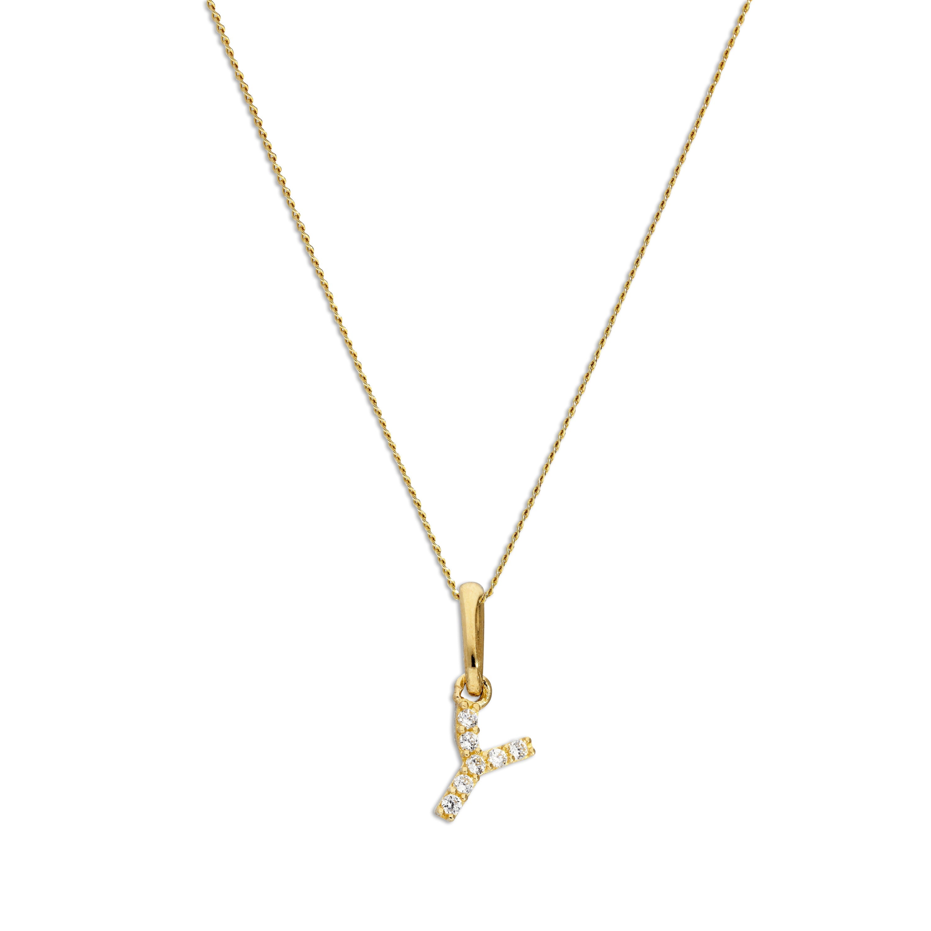 9ct Gold & Clear CZ Crystal Hanging Script Alphabet Letter Y Pendant on 16 - 20 Inches Chain