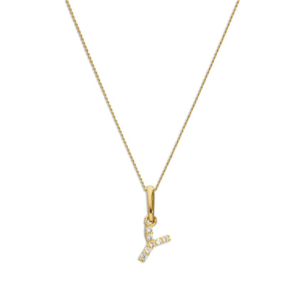 9ct Gold & Clear CZ Crystal Hanging Script Alphabet Letter Y Pendant on 16 - 20 Inches Chain