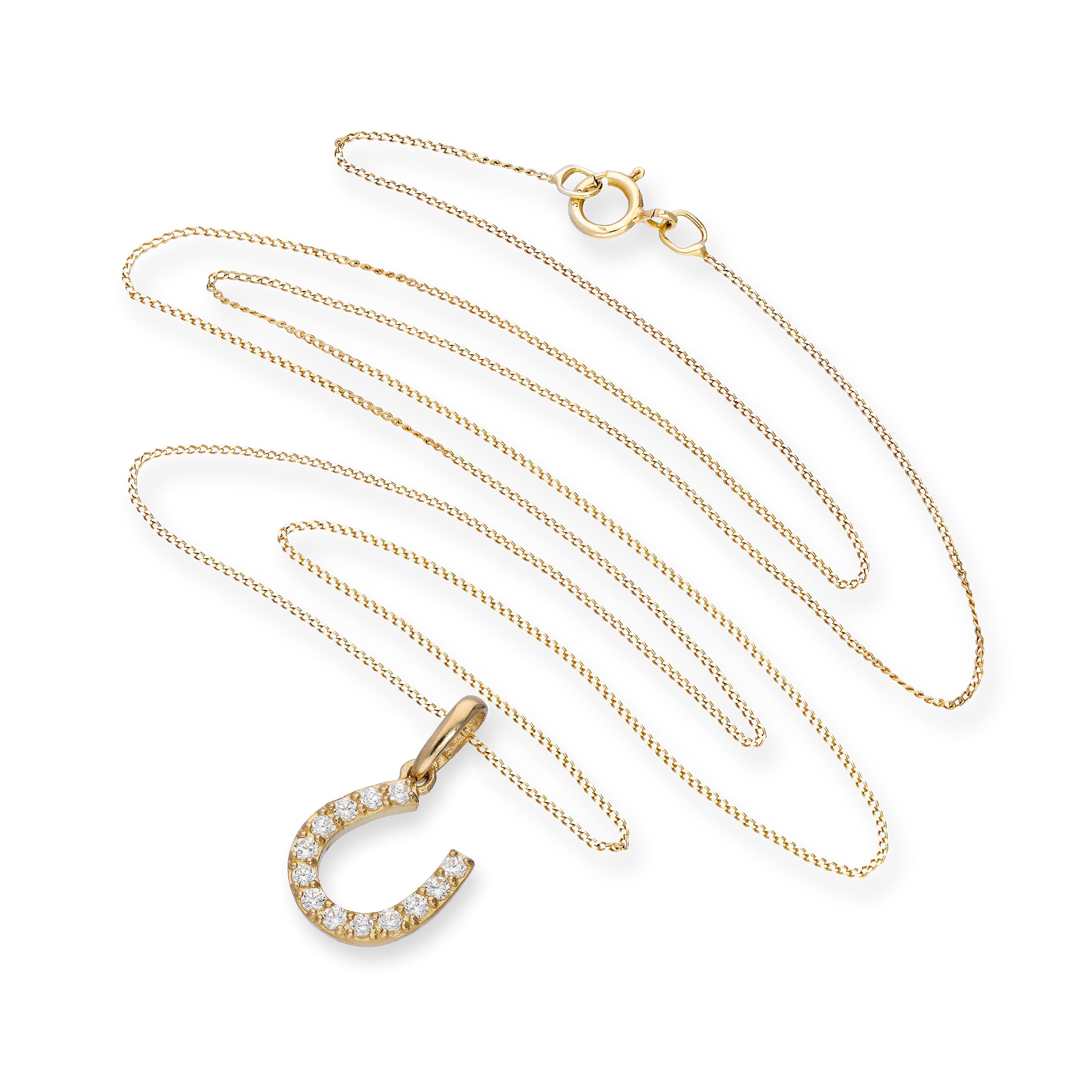 9ct Gold & Clear CZ Crystal Horseshoe Pendant Necklace