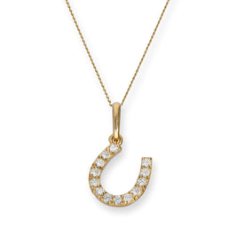 9ct Gold & Clear CZ Crystal Horseshoe Pendant Necklace