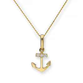 9ct Gold & Clear CZ Crystal Anchor Pendant Necklace