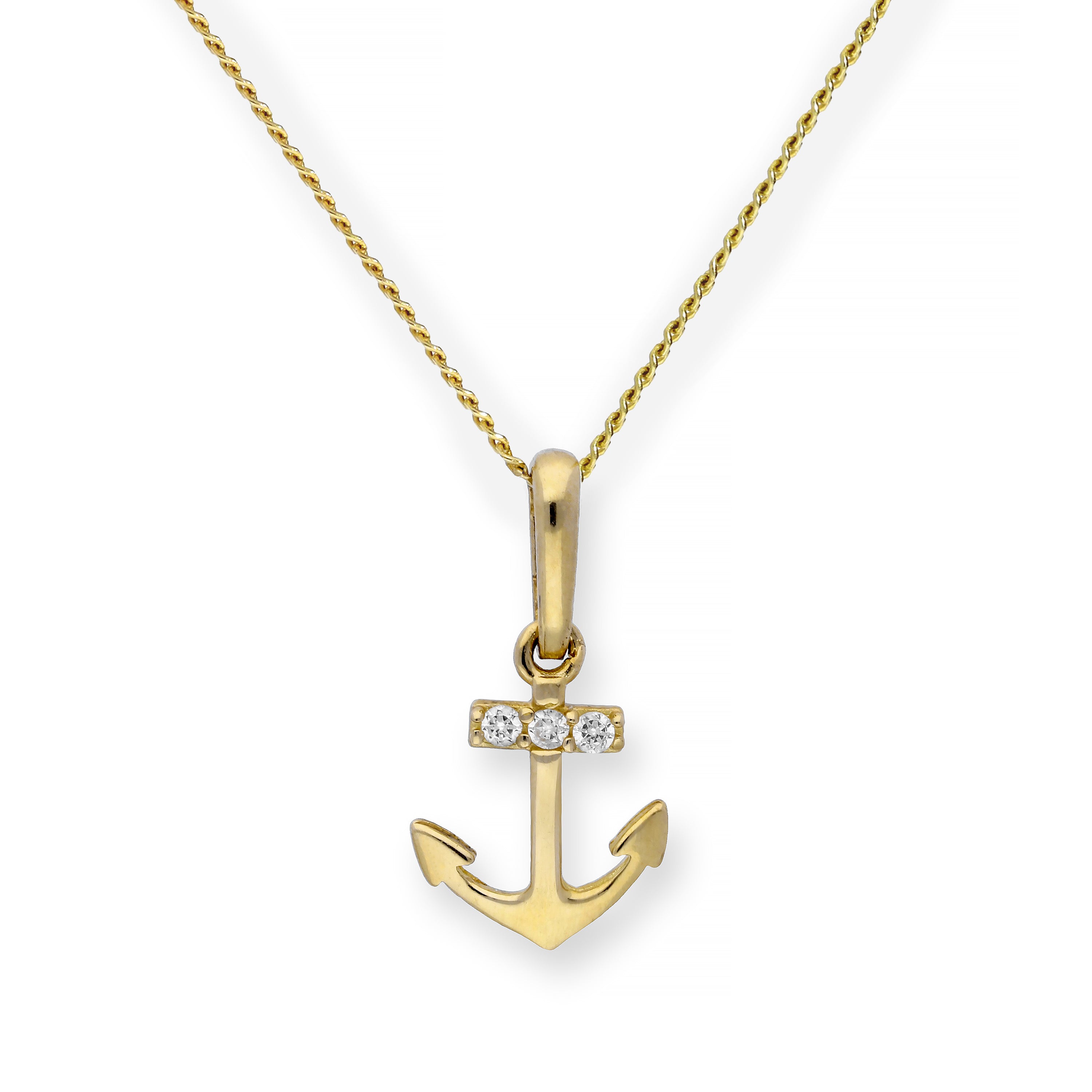 9ct Gold & Clear CZ Crystal Anchor Pendant Necklace