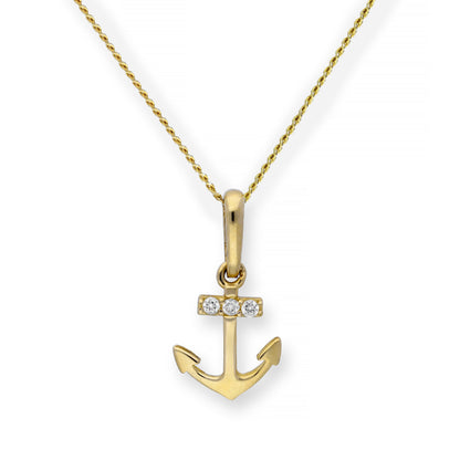 9ct Gold & Clear CZ Crystal Anchor Pendant Necklace