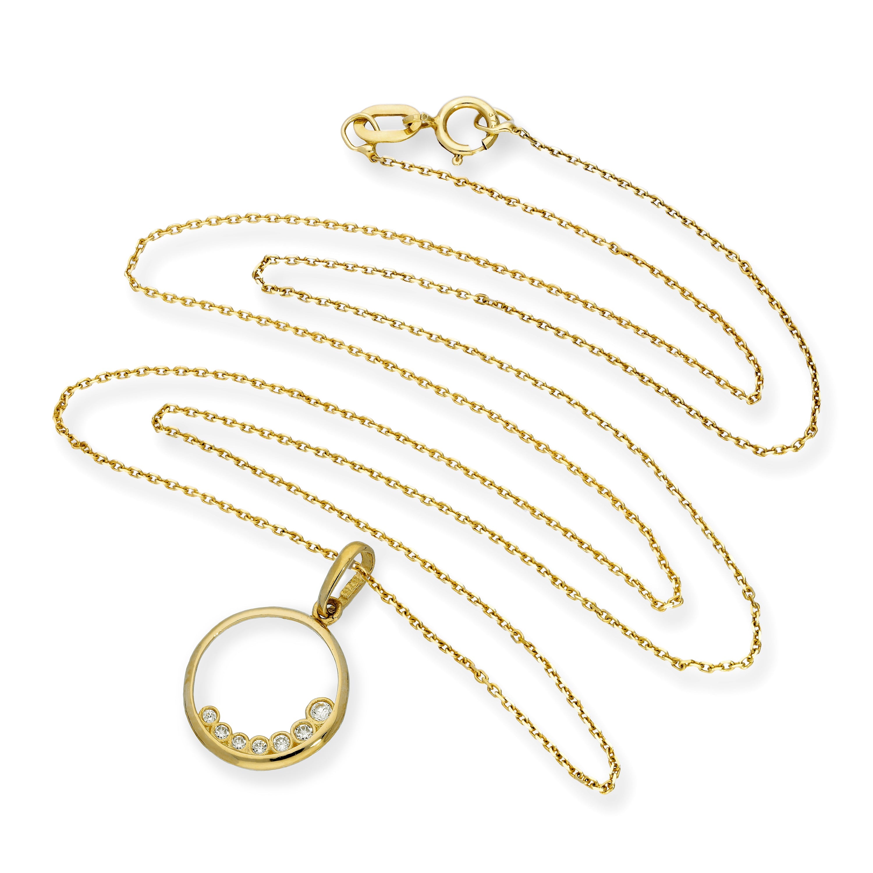 9ct Gold & Clear CZ Crystal Cut Out Circle Pendant Necklace