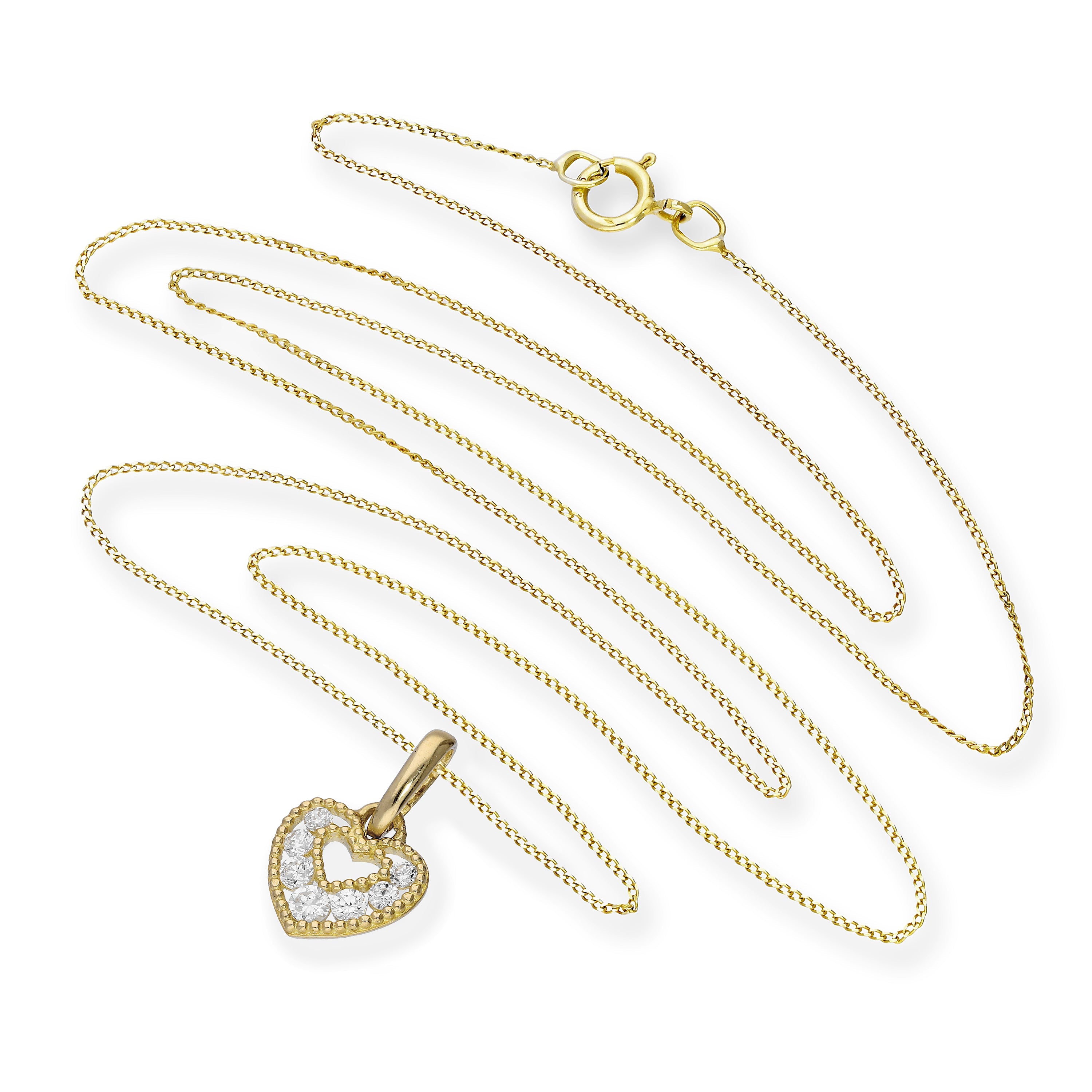 9ct Gold & Clear CZ Crystal Double Cut Out Heart Pendant Necklace