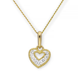 9ct Gold & Clear CZ Crystal Double Cut Out Heart Pendant Necklace