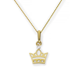 9ct Gold & Clear CZ Crystal Royal Crown Pendant Necklace