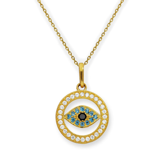 9ct Gold & CZ Crystal Evil Eye Circle Pendant Necklace