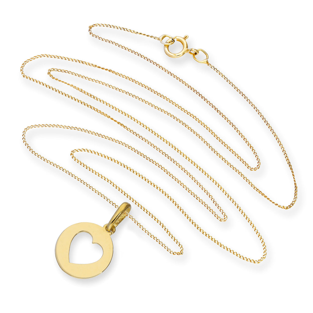 9ct Gold Round Pendant w Cut Out Heart on Chain