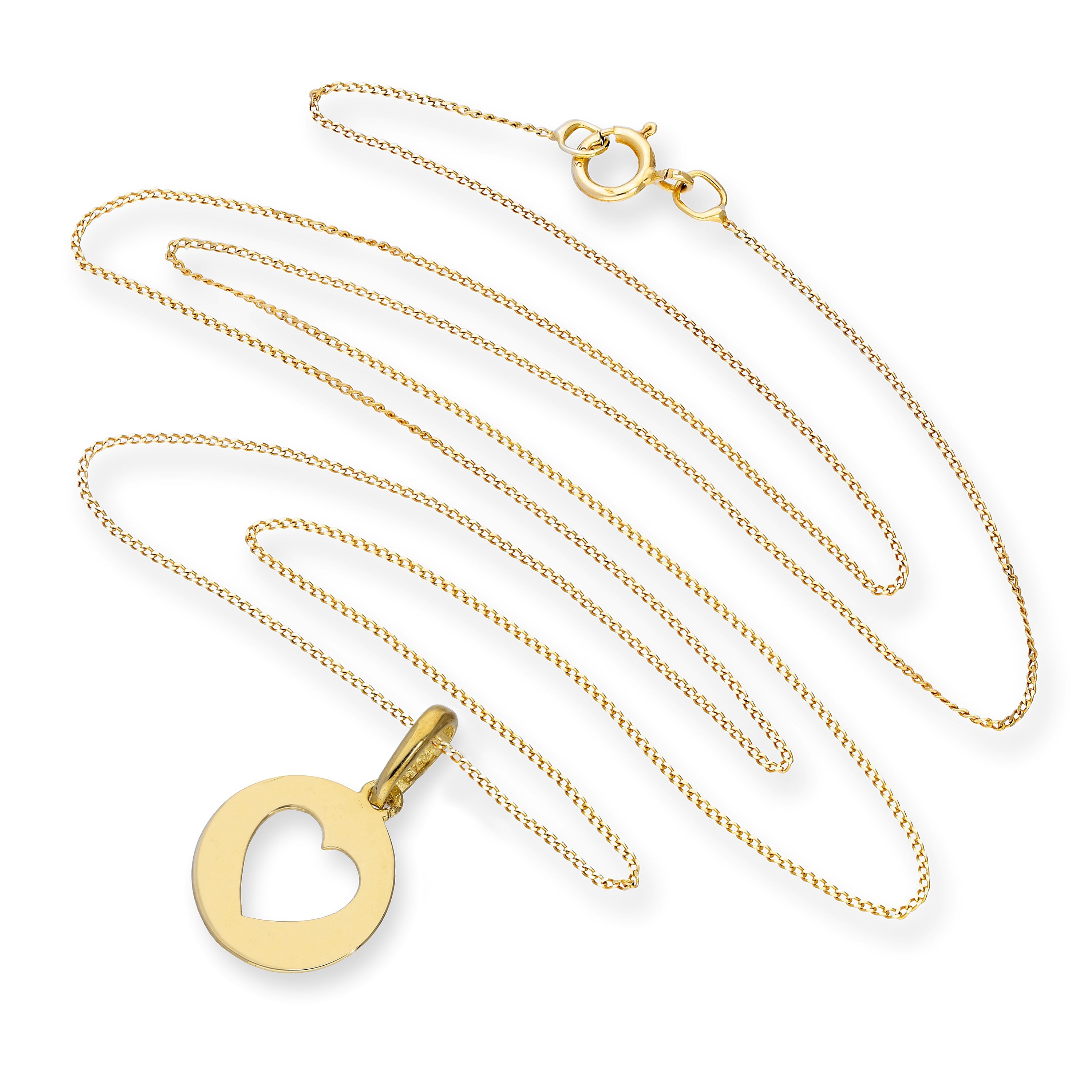 9ct Gold Round Pendant w Cut Out Heart on Chain