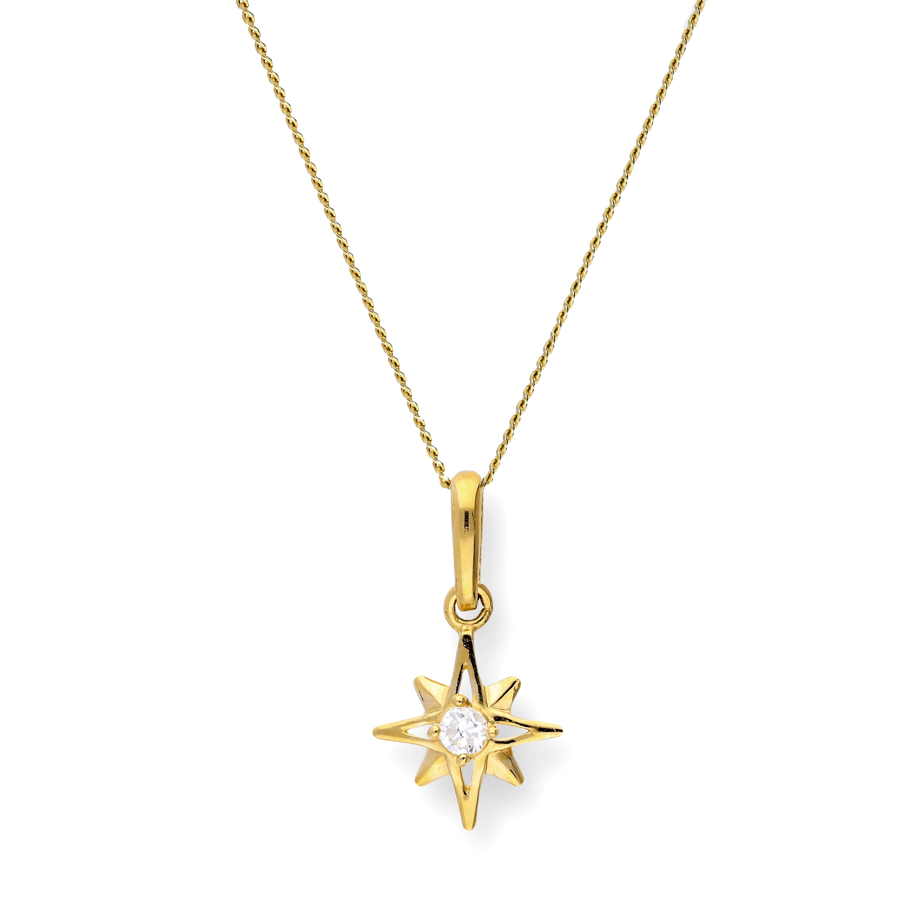 9ct Gold & Clear CZ Crystal Shining Star Pendant Necklace
