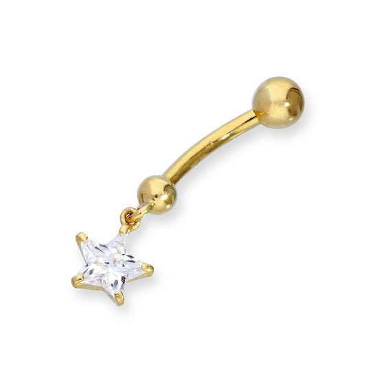 9ct Gold & Hanging Clear CZ Crystal Star Ball End Belly Bar