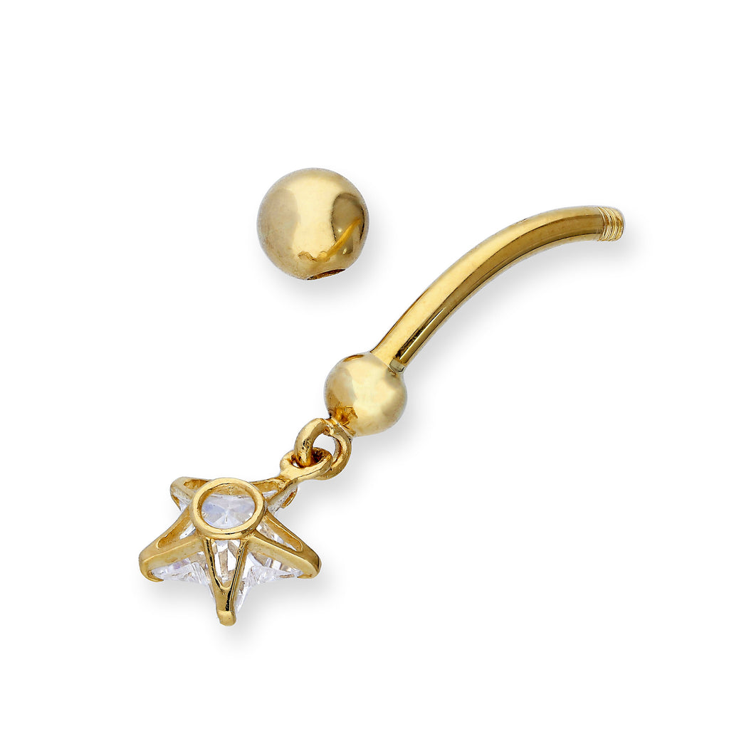 9ct Gold & Hanging Clear CZ Crystal Star Ball End Belly Bar