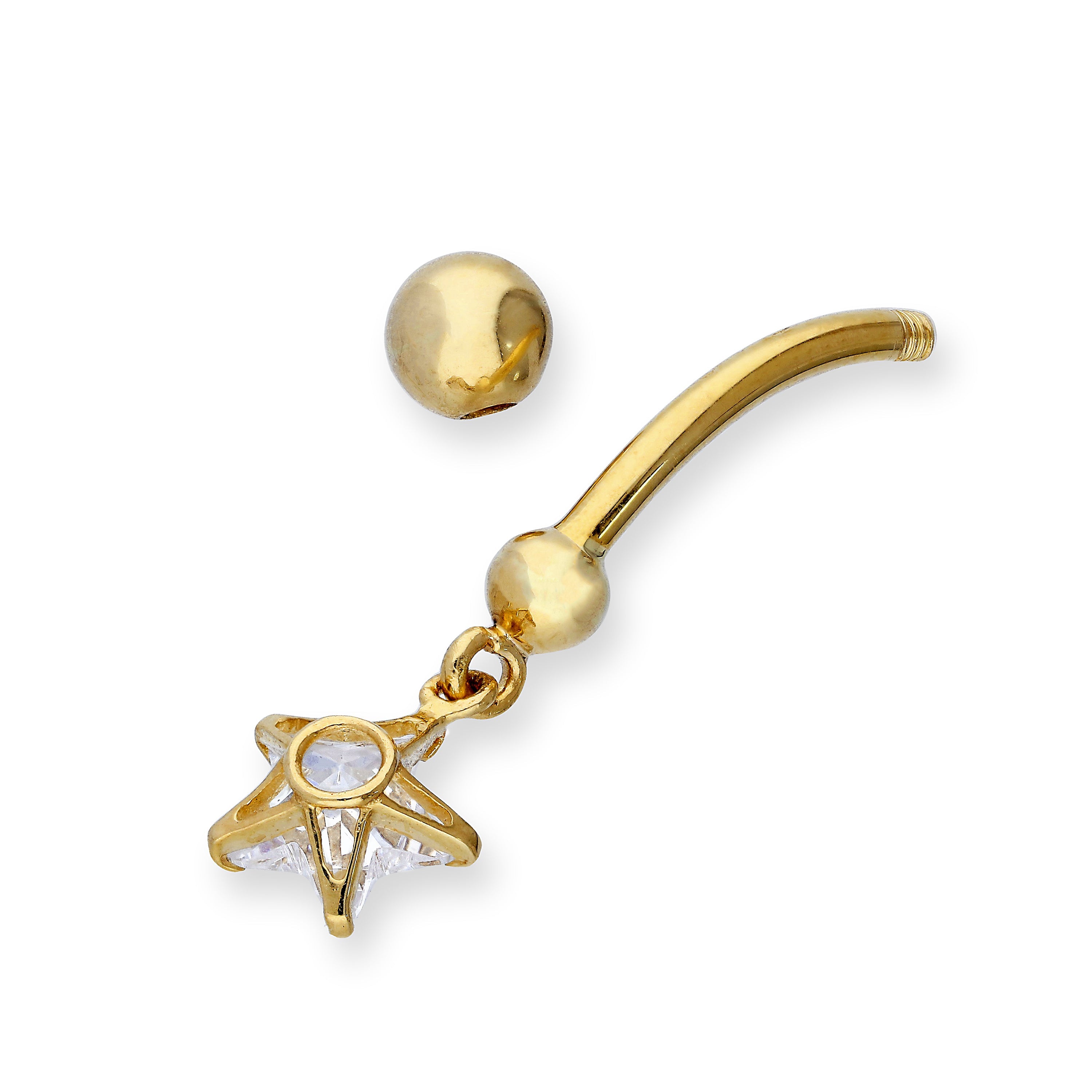 9ct Gold & Hanging Clear CZ Crystal Star Ball End Belly Bar