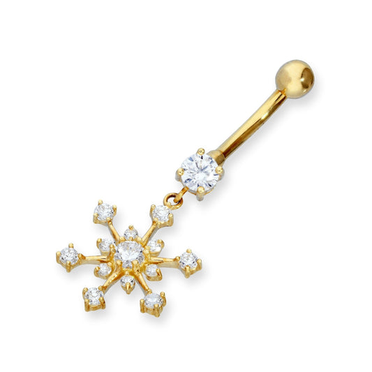 9ct Gold & CZ Crystal Hanging Snowflake Ball End Belly Bar - jewellerybox