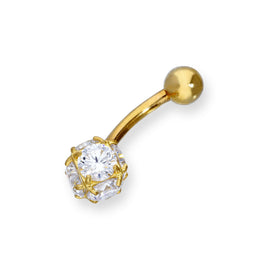 9ct Gold & Clear CZ Crystal Sphere Ball End Belly Bar