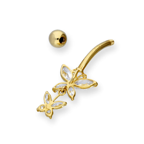9ct Gold & Double Hanging Clear CZ Crystal Butterfly Ball End Belly Bar
