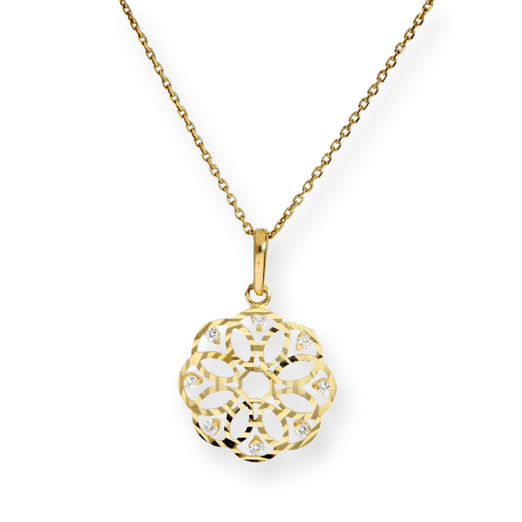 9ct Gold & Clear CZ Crystal Flower Circle Pendant Necklace 16 - 20 Inches
