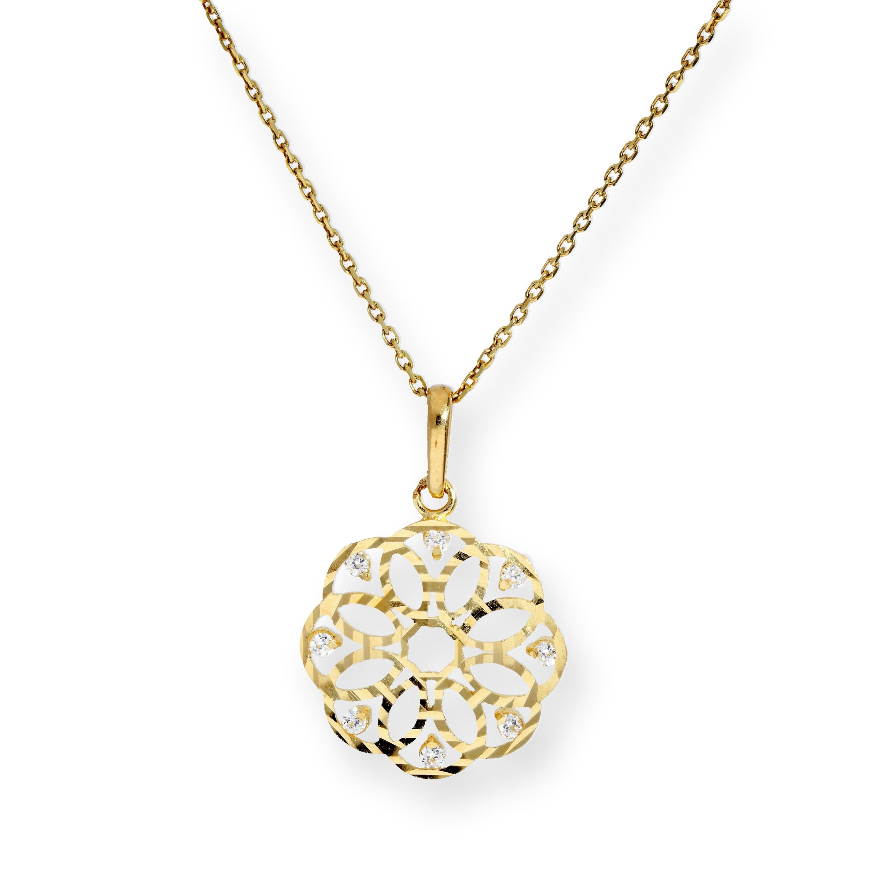 9ct Gold & Clear CZ Crystal Flower Circle Pendant Necklace 16 - 20 Inches