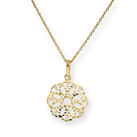 9ct Gold & Clear CZ Crystal Flower Circle Pendant Necklace 16 - 20 Inches