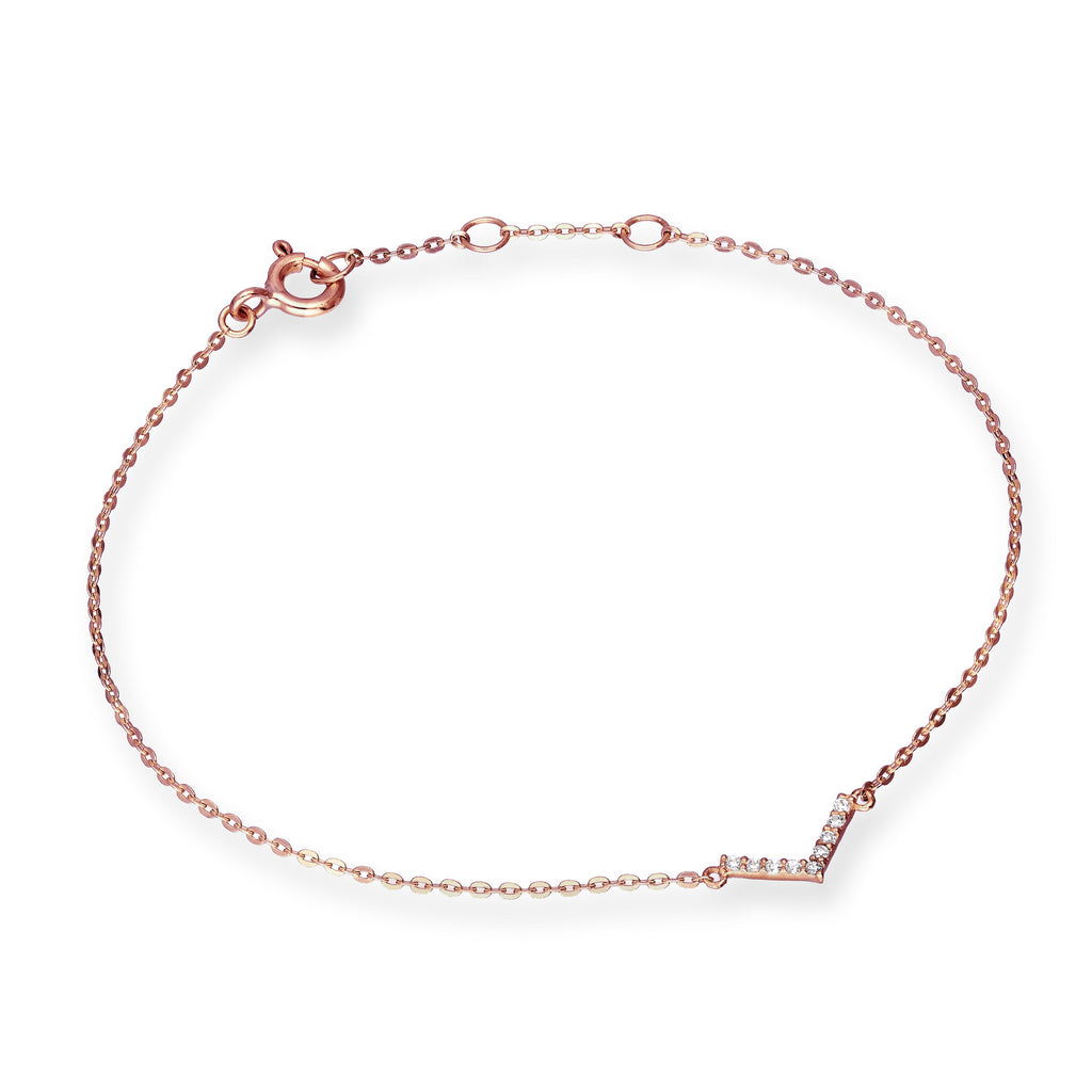 9ct Rose Gold & Clear CZ Crystal 7 Inch Letter V Bracelet