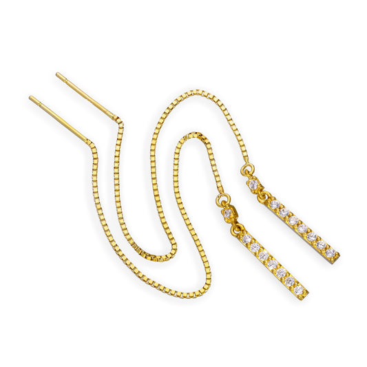 9ct Gold & Clear CZ Crystal Bar Pull Through Earrings