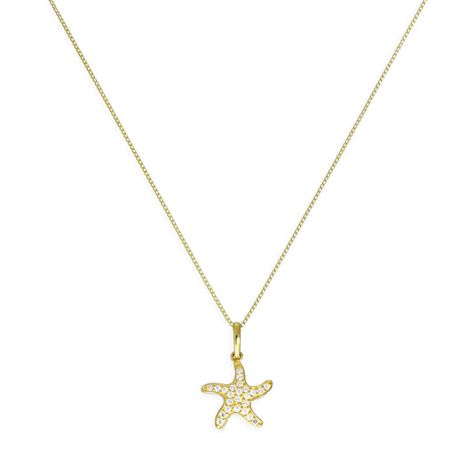 9ct Gold & Clear CZ Crystal Starfish Pendant Necklace 16 - 20 Inches