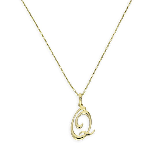 9ct Gold Fancy Calligraphy Script Letter Q Pendant Necklace 16 - 20 Inches