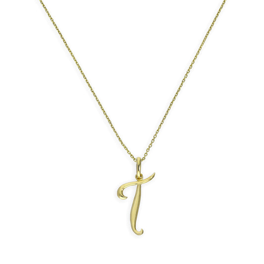 9ct Gold Fancy Calligraphy Script Letter T Pendant Necklace 16 - 20 Inches