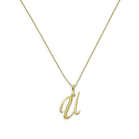 9ct Gold Fancy Calligraphy Script Letter U Pendant Necklace 16 - 20 Inches