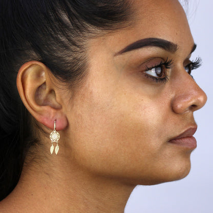 9ct Gold & Clear CZ Crystal Dreamcatcher Dangle Earrings