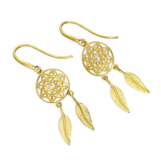 9ct Gold & Clear CZ Crystal Dreamcatcher Dangle Earrings