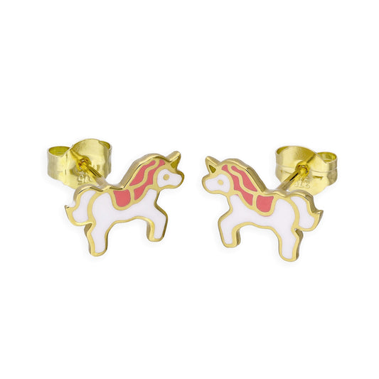 9ct Gold & Colourful Enamel Cute Unicorn Stud Earrings