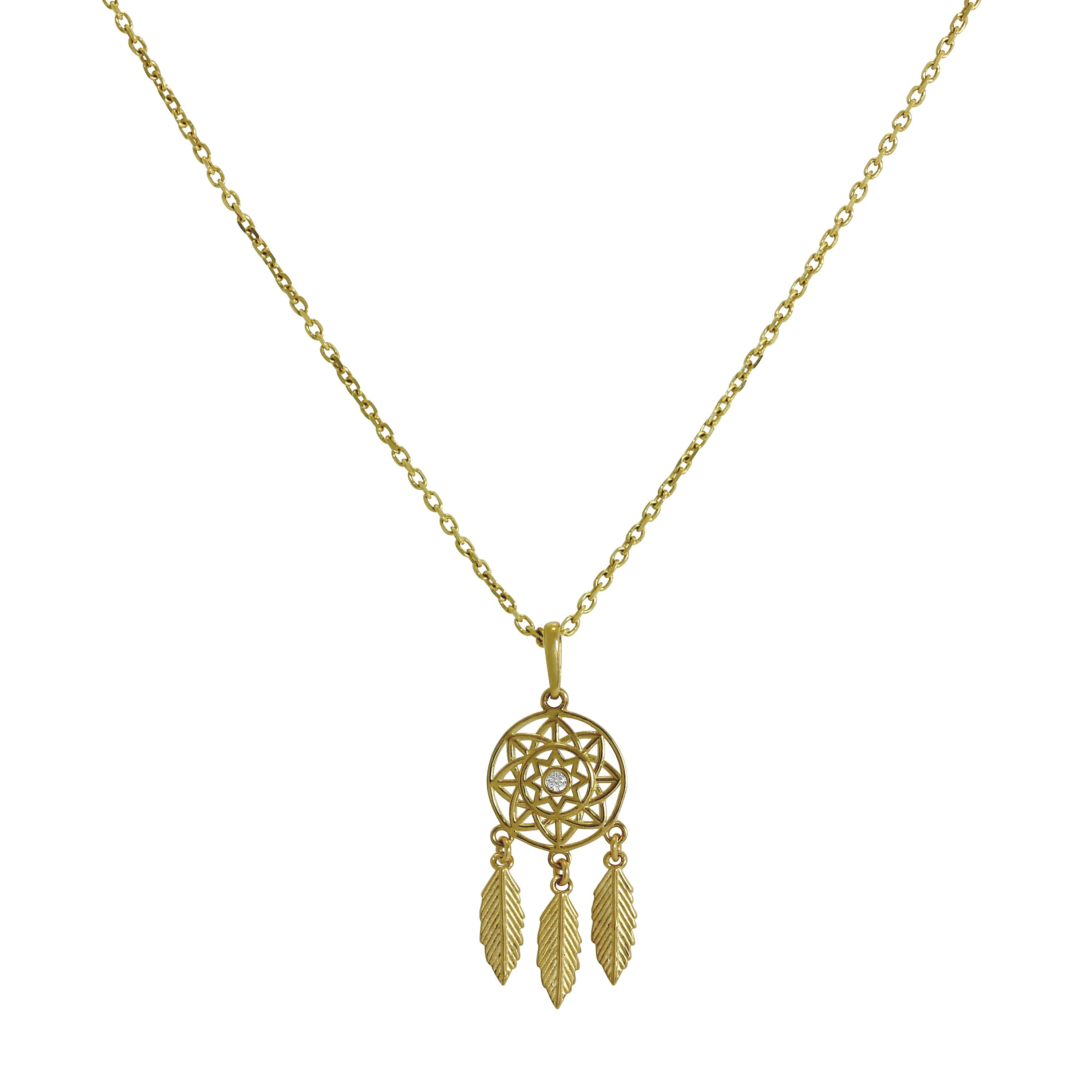 9ct Gold & Clear CZ Crystal Dreamcatcher Pendant Necklace 16 - 20 Inches