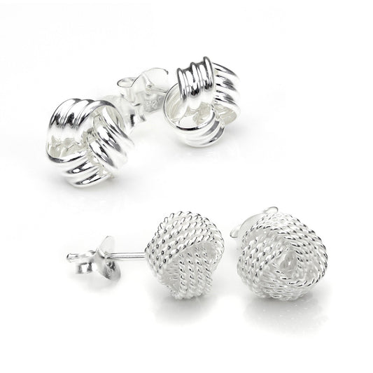 Sterling Silver 8mm Classic Knot Stud Earrings Set