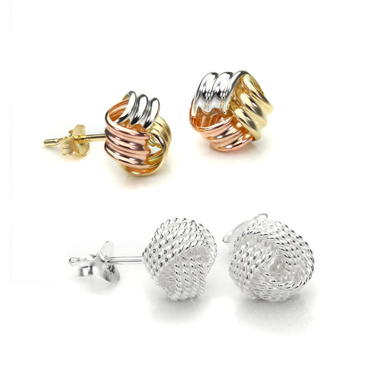 Sterling Silver & 9ct Gold Tricolour 8mm Knot Stud Earrings Set