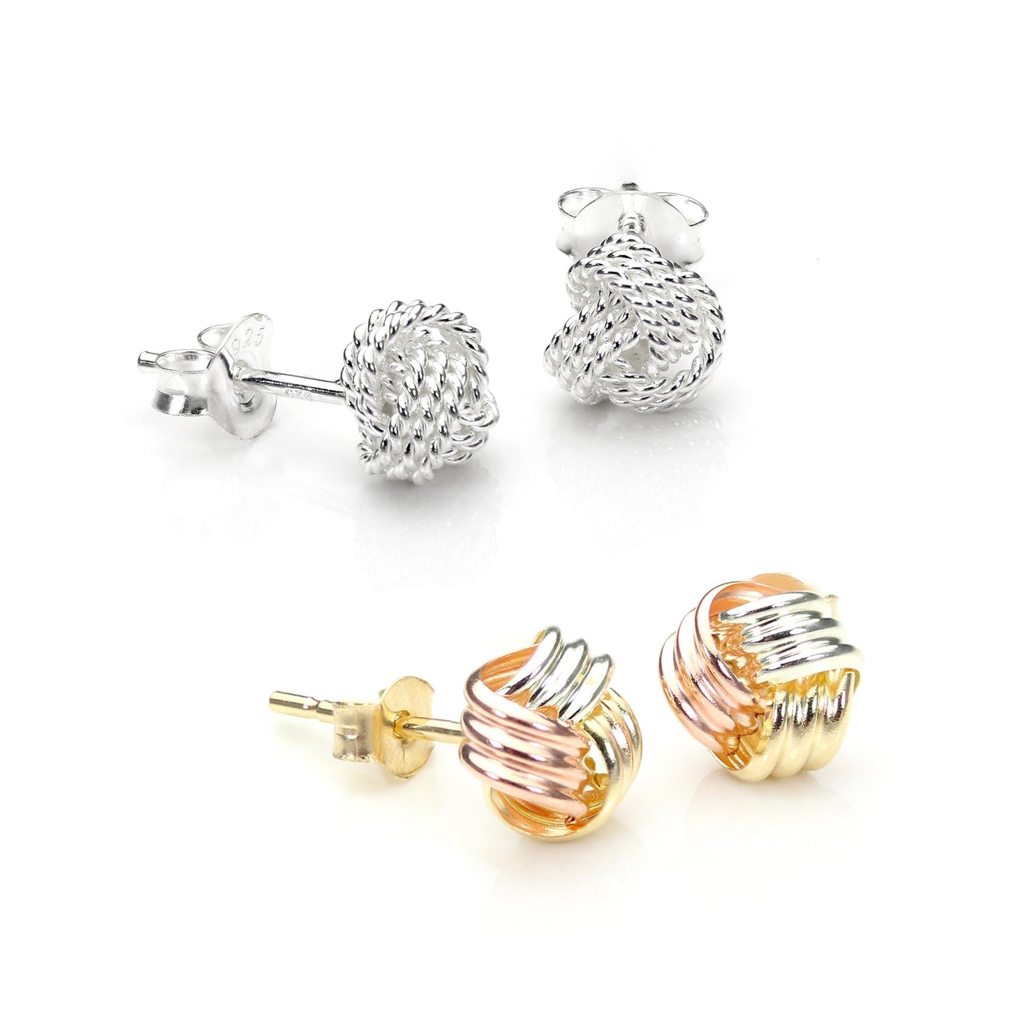Sterling Silver & 9ct Gold Tricolour 6mm Knot Stud Earrings Set