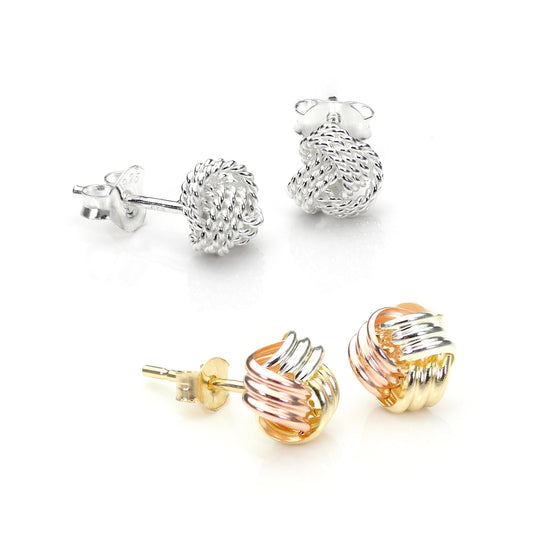 Sterling Silver & 9ct Gold Tricolour 6mm Knot Stud Earrings Set