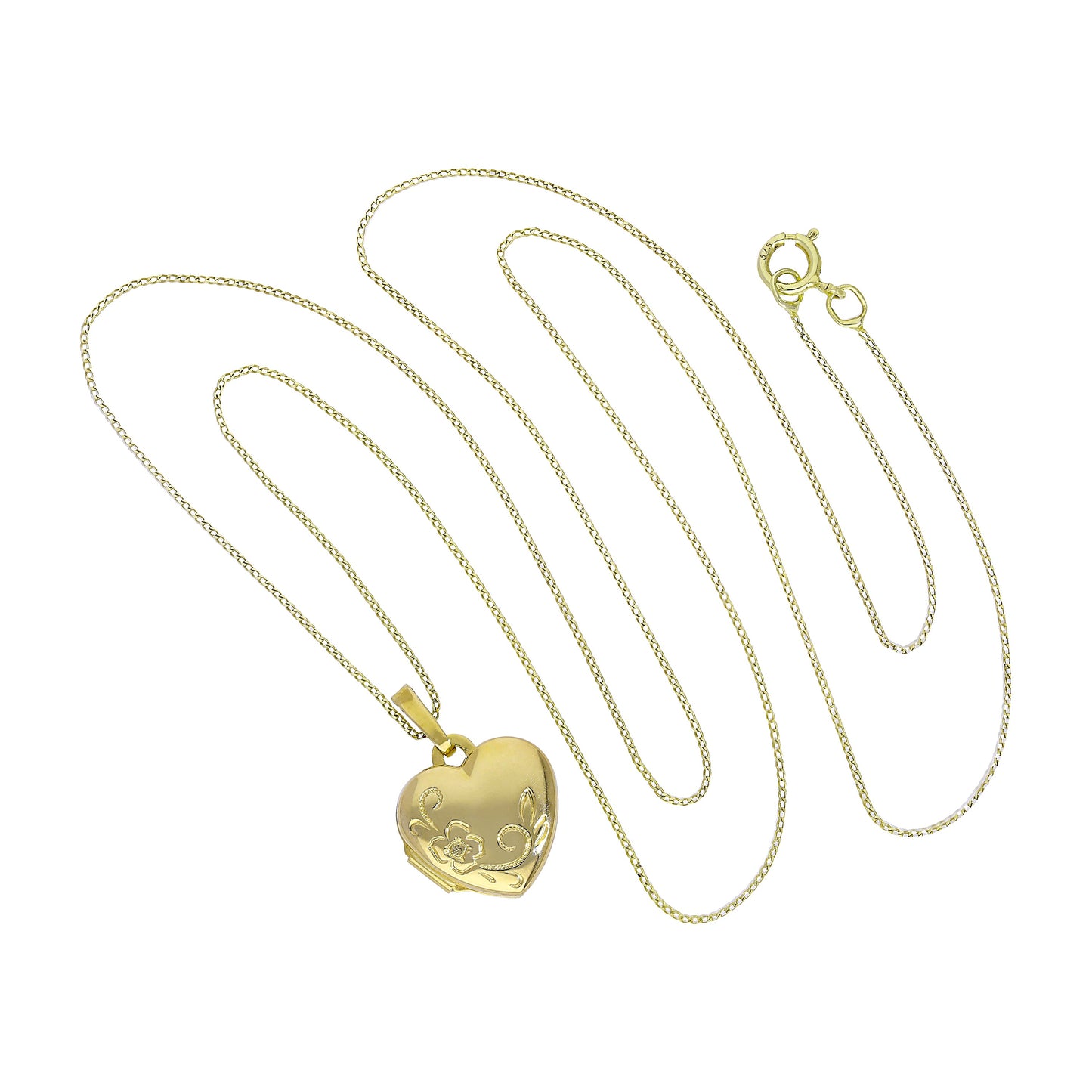 Small 9ct Gold Engravable Heart Locket with Floral Design on Chain 16-20 Inches