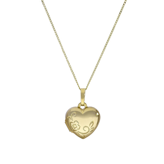 Small 9ct Gold Engravable Heart Locket with Floral Design on Chain 16-20 Inches