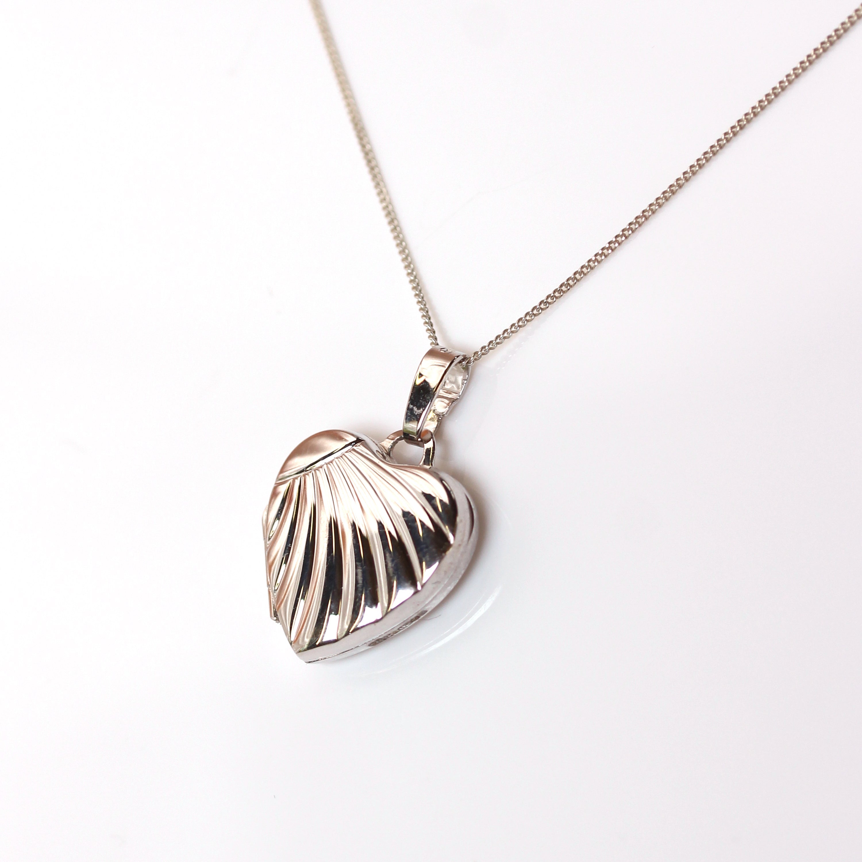 9ct White Gold Heart Locket on Chain with Rays of Sunlight Design 16 - 18 Inches