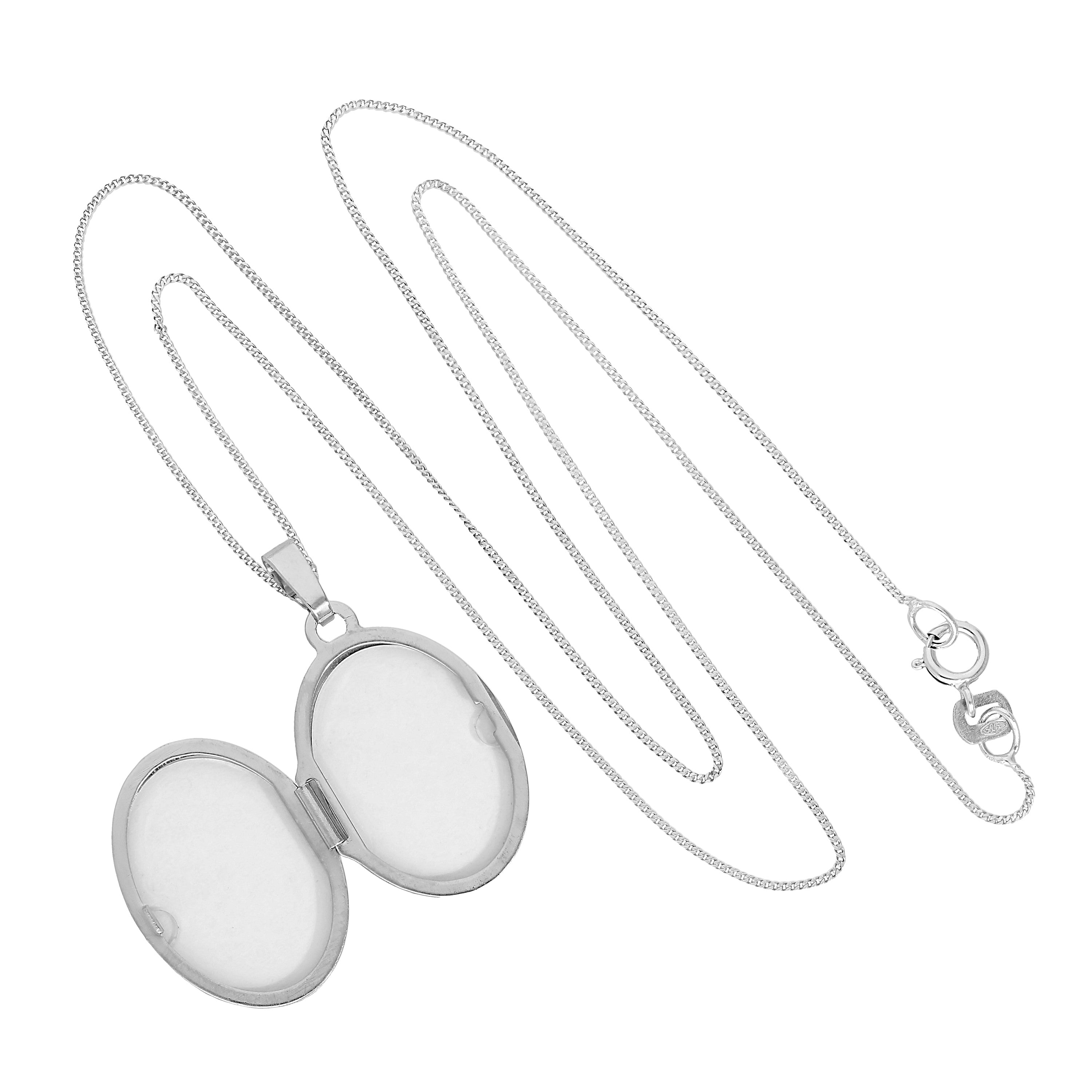 9ct White Gold Engravable Oval Locket with Wavy Design on Chain 16 - 18 Inches