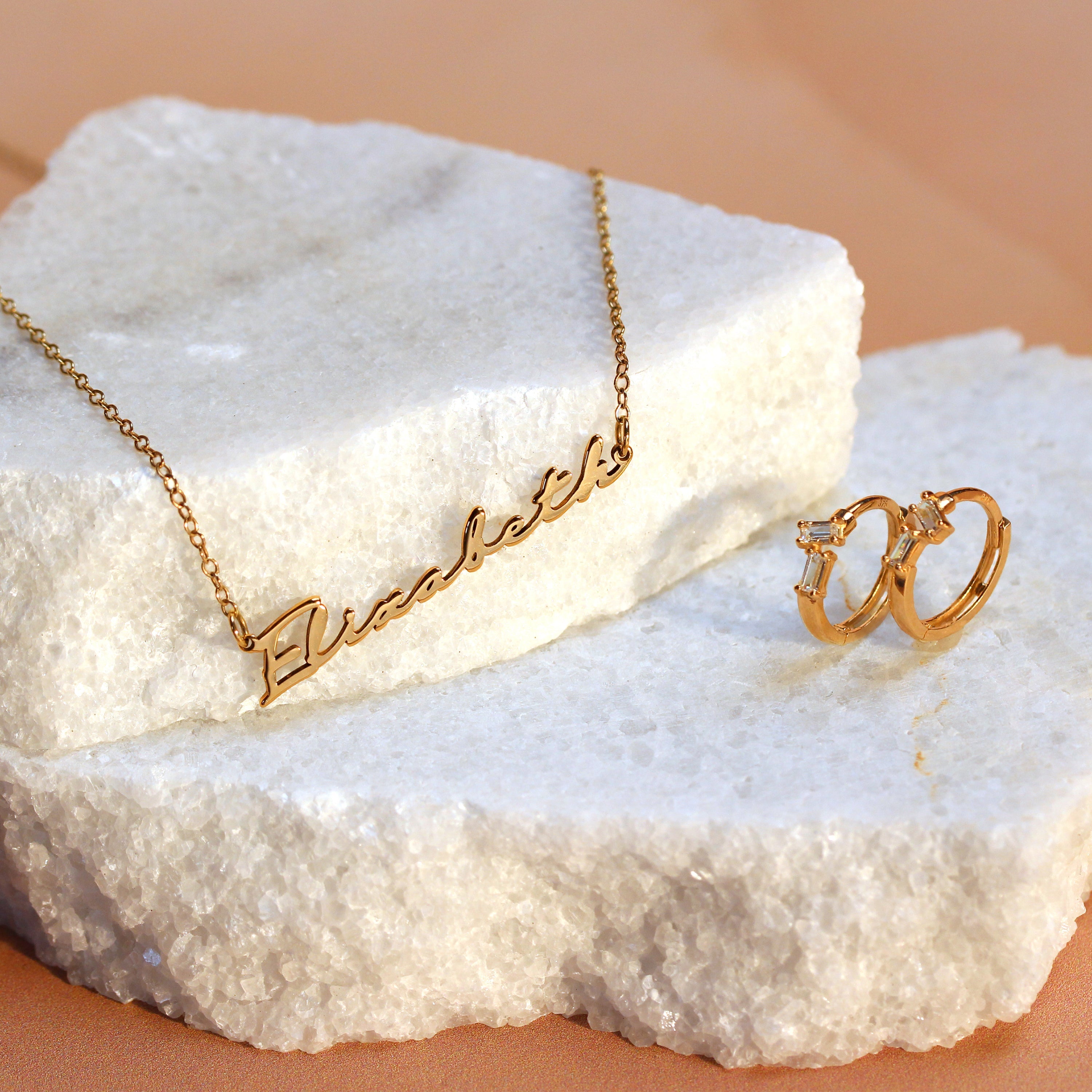 9ct Gold Double Offset Baguette CZ 12mm Huggie Hoop Earrings