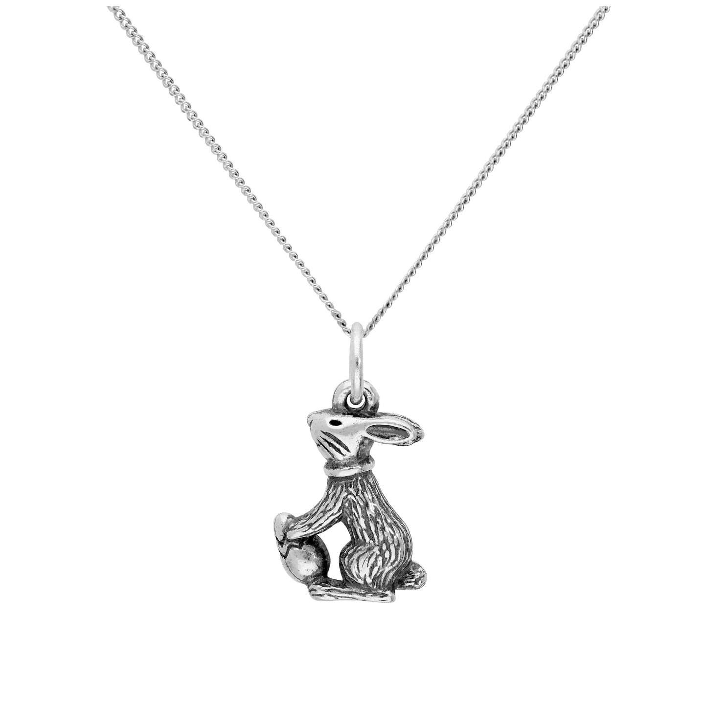 Sterling Silver Easter Bunny with Easter Egg Pendant on 16+2 Inches Diamond Cut Chain