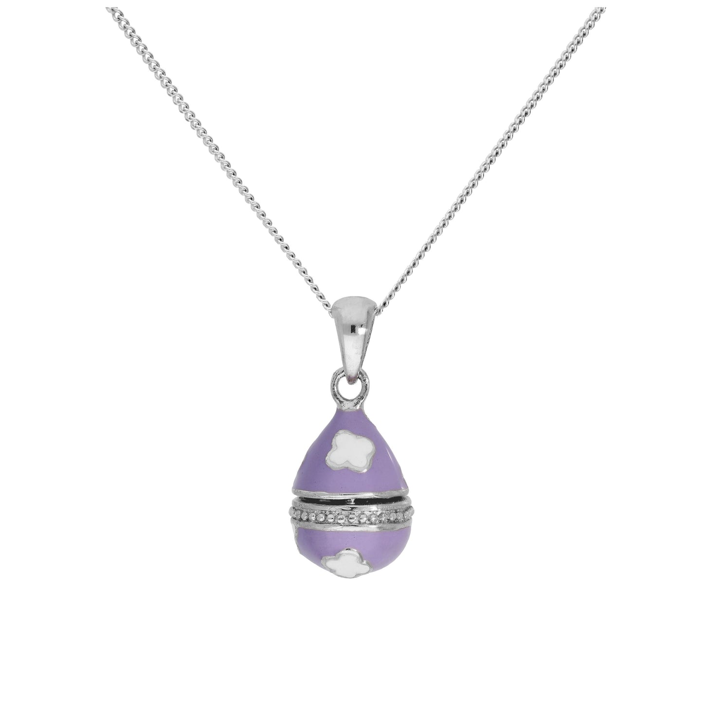 Sterling Silver Lilac Faberge Style Egg Pendant on 16+2 Inches Diamond Cut Chain