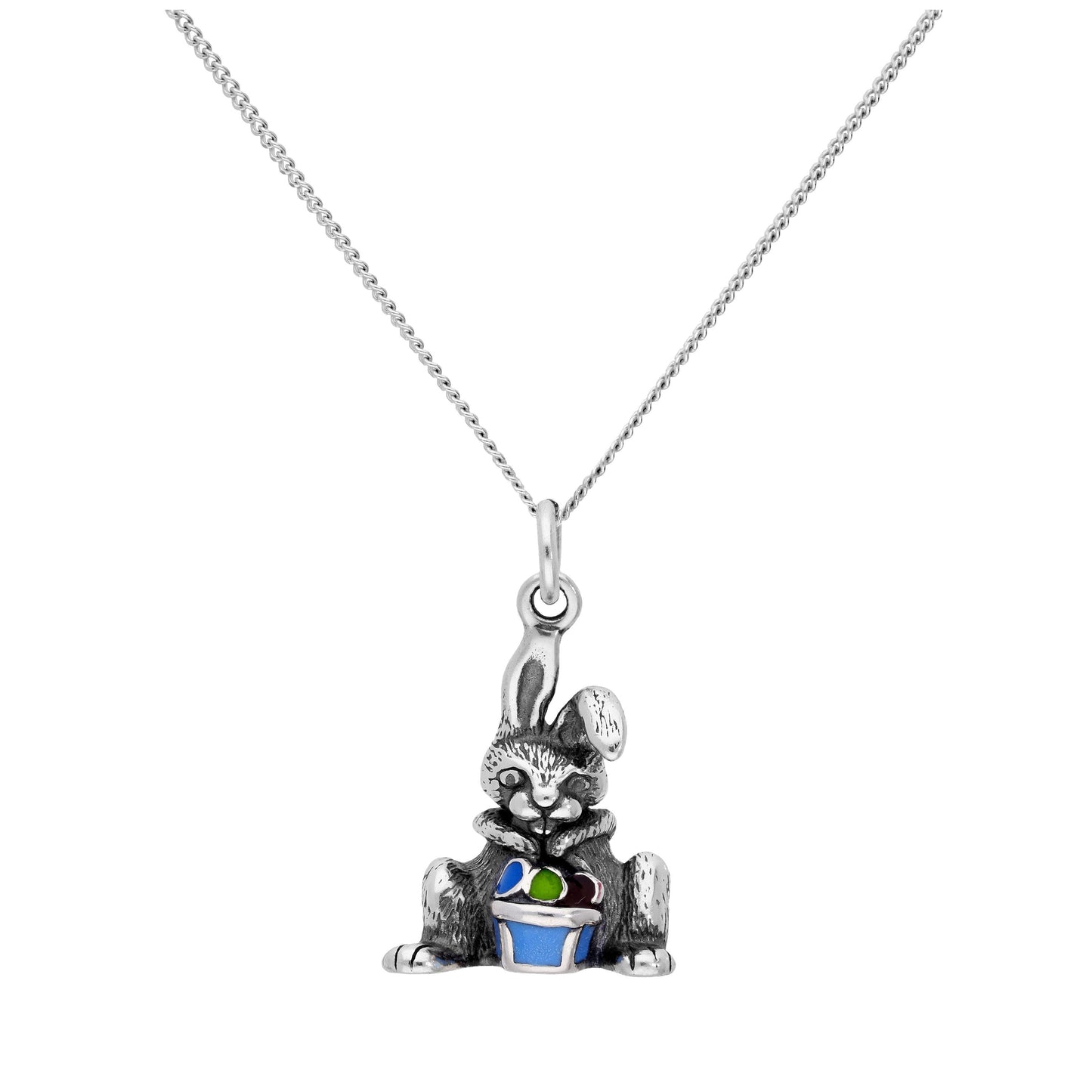 Sterling Silver Easter Bunny Pendant on 16+2 Inches Diamond Cut Chain