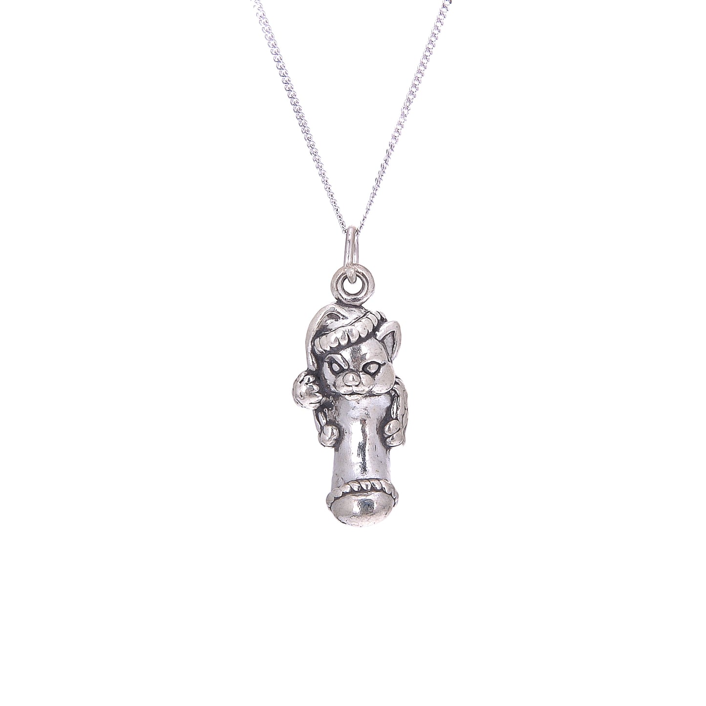 Sterling Silver Cat in Christmas Stocking Necklace