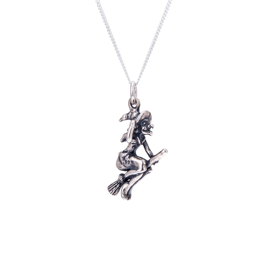 Sterling Silver Witch On Broomstick Necklace