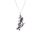 Sterling Silver Witch On Broomstick Necklace